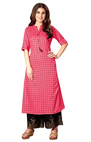 Image of KIMISHA Pink Rayon Cotton Printed A-Line Kurti With Pocket