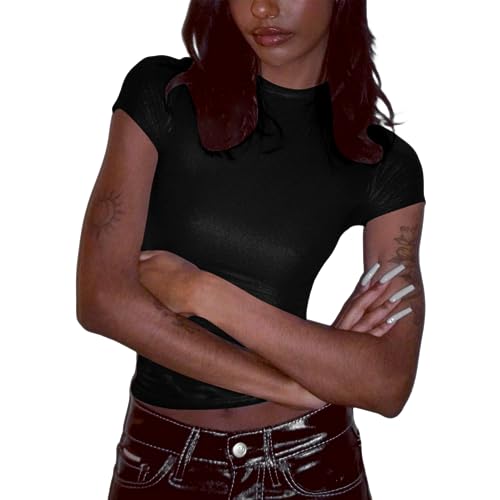 Image of Women's Shiny Metallic Short Sleeve T Shirt Sexy Mock Neck Slim Crop Top Party Disco Club Tees