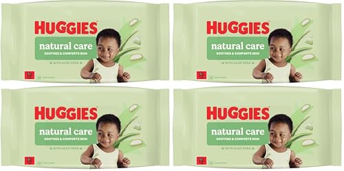 Image of Huggies Natural Care Baby Wipes - Single Pack (48 Wipes) – Plastic Free Wet Wipes with Aloe Vera & Vitamin E, Hypoallergenic, Comfort and Soothe Baby's Delicate Skin (Pack of 4)