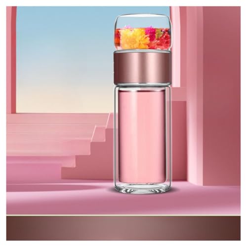 Image of Wosta Leakproof Glass Water Bottle with Stainless Steel Infuser Glass Tea Infuser Bottle with Strainer and Neoprene Sleeve for Loose Leaf Tea, Cold Brew Coffee. (F - ROSE GOLD PINK, 350ML)