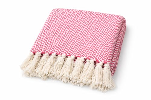 Image of Chevron 60x50 Inch Reversible Cotton Throw Blanket with Tassels| Blanket for Living Room, Sofa, Bed, Chair, Picnic & Used for Gift | Pink Narrow Chevron, Size 150x125 cm
