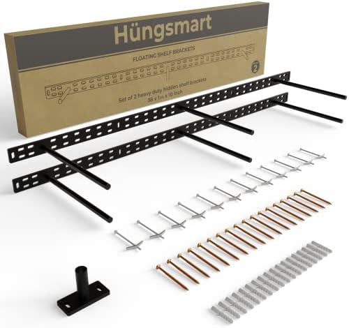 Set of 2 Floating Shelf Brackets 38 inch Multiple Mounting Location Hit 3 Studs Heavy Duty Perfect Bracket for Long Shelf/ Hidden Wall Shelves Support Hardware Kitchen/Living Room/Office(10 inch Rods)