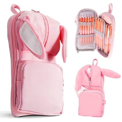 Image of DEOXY Polyester Large Capacity Pencil Pouch for Girls & Boys with 3 Zippers & 5 Compartments| Waterproof Aesthetic Cute Bunny Ears Standing Pencil Case for Kids, Multiutility Pouch (Baby Pink)