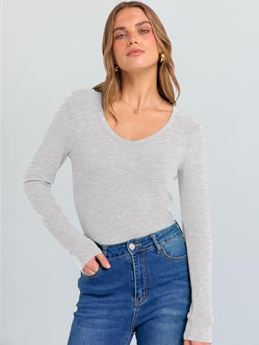 Image of ANRABESS Long Sleeve V Neck Shirts for Women | Soft Comfy Ribbed Knit Fitted Tshirts, Casual Going Out Tops, 2026 Trendy Basic, Fall Winter Underscrub Layering Clothes