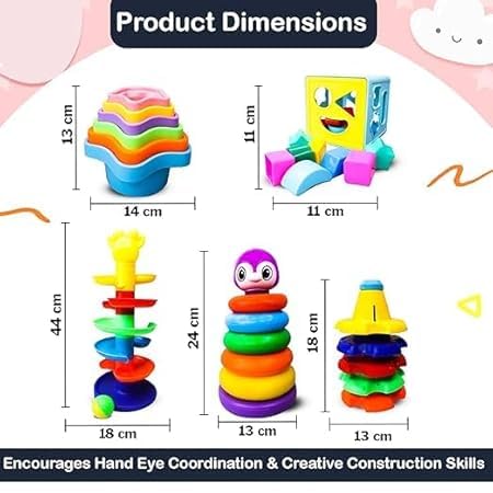 Image of Prime Kindergarten Learning Stacking 6 Rings Multi-Colour Toddler Activity Toys for Kids, Toddlers, Children (5 in 1 Stacking Toy)