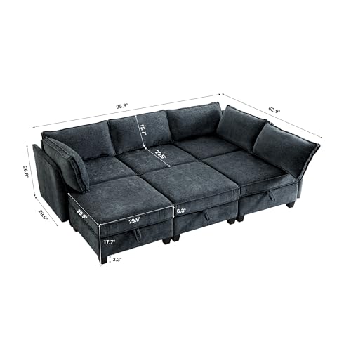 Image of ORRD Sleeper Modular Sectional Sofa Set, Convertible Couch Bed with Storage, 6 Seater and 3 Armrestes Sofa Modular for Living Room, Office (Blue Grey)