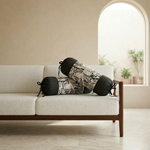 Image of SAJAVAT HOME Printed White & Black Bolster Cover Set of 2 | 32x15 Inch Round Side Pillow Covers with Adjustable Ties | Stylish Diwan Cushion Covers for Sofa, Bed & Couch