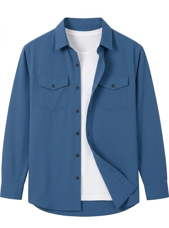 Image of DEELMO Men Solid Slim Fit Casual Overshirt Style Shirt | Full Sleeve Button-Down Layering Shirt Smart Casual Look