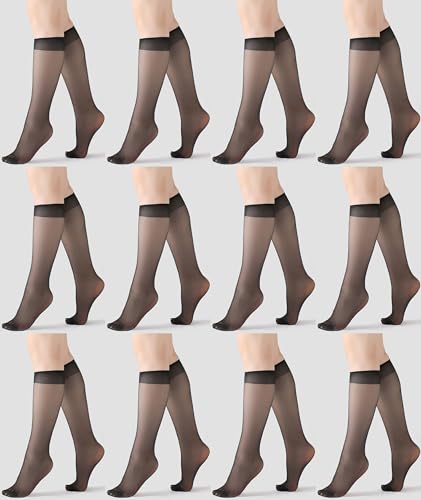 12 Pairs Plus Size Knee High Stockings for Women 15D Sheer Nylons Socks with Wide Calf