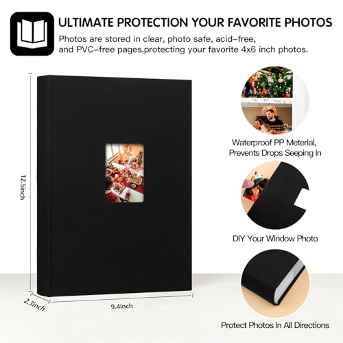 XFveiwoo Photo Album 4x6 450 Photos with Writing Space,4 x 6 Photo Book Linen Cover with Front Window, 4x6 Picture Album 450 Photos Photo Album Book for Wedding Kids Travel Family Baby Pictures, Black