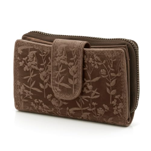 ekavale Leder Geldbörse - Damen Portemonnaie mit Blumenprägung - Sicherer RFID Blocker - Kompakte Brieftasche mit Kartenfächern und klassischem Design für jeden Anlass (Dunkel-Braun)