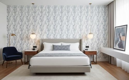 Image of KBR Elegant Blue & Grey Vine Branch Wallpaper (45 x 300 cm) - Nature Inspired Peel & Stick Self-Adhesive with Minimal Botanical Tree Pattern Roll for Living Room, Bedroom, Hallway & Office Decor