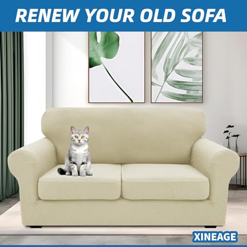 XINEAGE New 3 Pieces Couch Covers for 2 Cushion Sofa Super Stretch Loveseat Slipcover Pet Dog Universal Slip Cover Anti Slip Love Seat Furniture Protector (Light Beige, 55"-69")