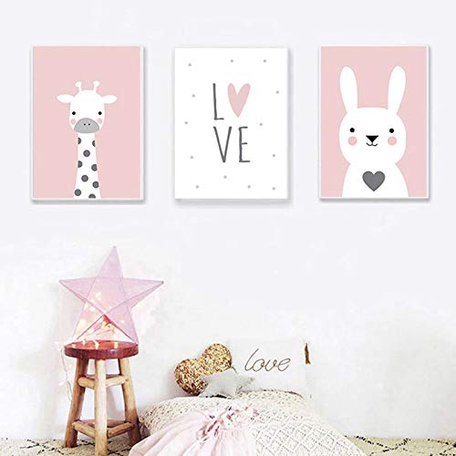 Nordic Ideas Lot de 3 Affiches Animaux 30x40 Posters pour Chambre de Bébé Enfant Cadeau Girafe Lapin Rose Impression sur Toile Murale Decor Scandinave PTFL001-M