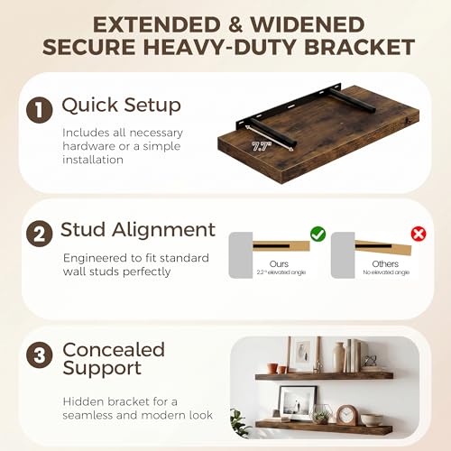 Image of Fun Memories 12 Deep Floating Shelves for Wall, 55W x 12D Extra Large Floating Shelves Set of 2, Hanging Wood Wall Shelves for Living Room, Kitchen, Bedroom, Farmhouse, Laundry Room, Office - Brown