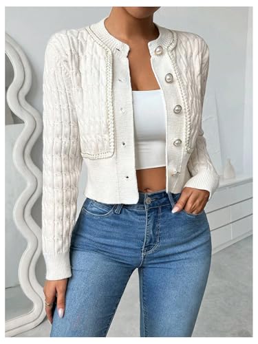 Image of MakeMeChic Women's Button Down Cropped Cardigan Beaded Slim Fit Cable Knit Sweaters Outwear White Medium