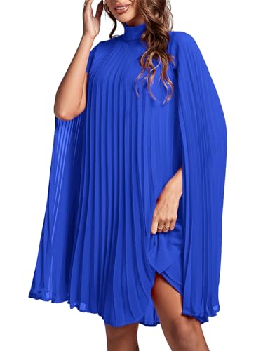 Rooscier Women's Mock Neck Cloak Sleeve Pleated Keyhole Back Flowy Party Midi Dress4