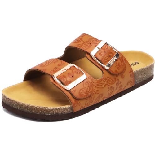 Image of ONCAI Womens Flat Slide Sandals with Arch Support 2 Strap Adjustable Buckle Slip on Slides Shoes Non Slip Rubber Sole