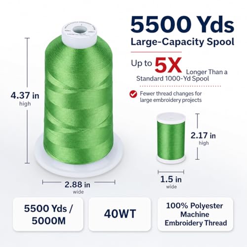 Image of Simthread 5500Yds Embroidery Thread, 5000M High-Yardage 40WT 100% Polyester Thread - 170+ Vivid Colors, High-Speed Rated - Compatible with Brother, Singer, Janome & More - Christmas Green S039 | 5000M 40WT polyester thread feeds smoothly for home or commercial embroidery projects.