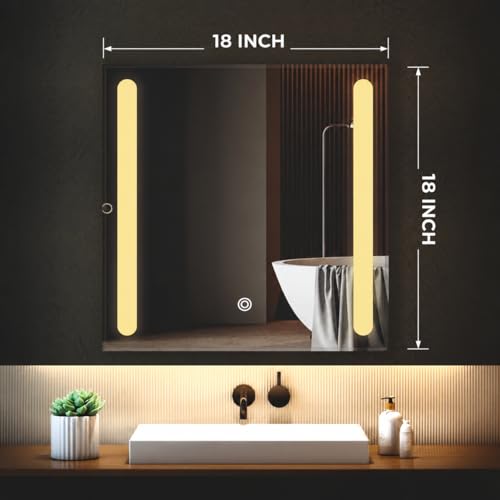 Image of LED Bathroom Wall Mirror with Decorative 3 Light Design | Touch Sensor | Warm | Natural and Cool White | for Wash Basin | Bedroom | Dressing Area Decoration (Square, 18x18)