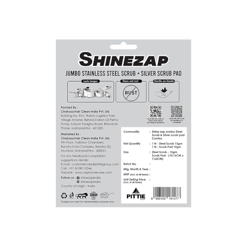 Image of Shinezap Jumbo Stainless-Steel Scrub & Silver Scrub PAD Combo in Each Pack | 30g | Ideal for Fast Clean, Long Life and Non-Rust 100% Stainless Steel | Deep Stain Removal