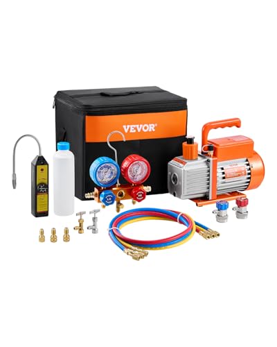VEVOR 4,5 CFM AC-Vakuumpumpe & Manometer-Set, 1-stufige-HVAC-Luftvakuumpumpe, A/C-Kältemittelverteiler-Manometer-Kit, mit Lecksuchschläuchen, für R134a, R12, R22, R502a, R410A, R404, R407C