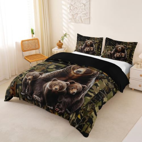 Housse de couette 200x200 camouflage vert drapeau américain ours