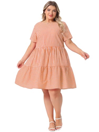 Image of Agnes Orinda Plus Size Gingham Dresses 1950s Vintage Plaid Round Neck Short Sleeve Tiered Midi Summer Dress