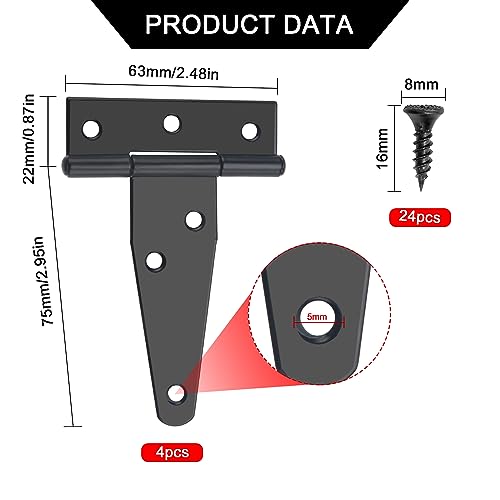 YIXISI 4 PCS 3 inch T-Strap Hinges, Strap Tee Hinge, Metal Gate Strap Hinge with 24 PCS Screws - Image 2