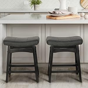 MAISON ARTS Black Counter Height Bar Stools Set of 2 for Kitchen Counter Solid Wood Legs with Faux Leather Saddle Seat Farmhouse Barstools for 34"-38" Counter Island Upholstered Stools, 24in Height MAISON ARTS Black Counter Height Bar Stools Set of 2 for Kitchen Counter Solid Wood Legs with Faux Leather Saddle Seat Farmhouse Barstools for 34 38 Counter Island Upholstered Stools 24in Height