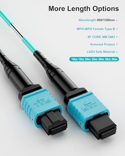 Image of MPO to MPO OM3 Armored Fiber Optic Cable 8-Core 40 /100G 15m (50ft) LSZH Jacket, Multimode 50 /125μm, UPC Polished, Female-Female, for High-Speed Networking