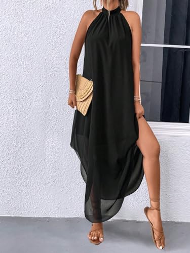 Verdusa Women's Formal Wedding Guest Dress Halter Flowy Chiffon Asymmetrical Long Summer Dress Black Large