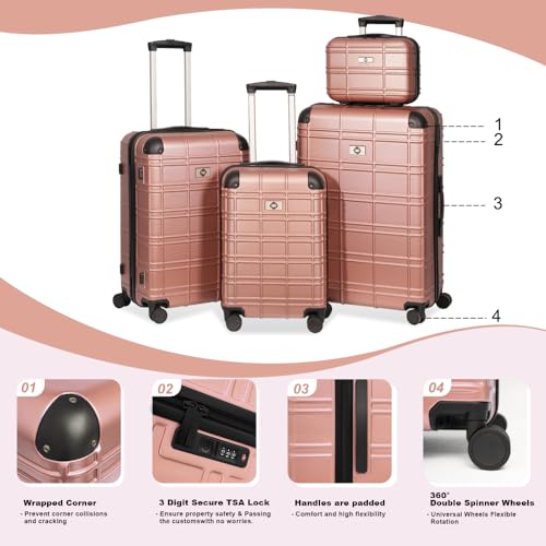 Luggage Sets ABS+PC Hardshell 4pcs Luggage Hardside Lightweight Durable Suitcase sets Spinner Wheels Suitcase with TSA Lock (12/20/24/28),Pearl Blue (Rose Gold)2