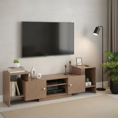 Image of FURNEASER Eptimal Modern Wooden TV Unit for Living Room | Engineered Wood Entertainment Center with Storage | TV Stand for 65 Inch TVs | TV Cabinet with Shelves & Doors | Exotic Teak | 160 cm Length