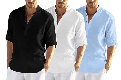 Image of Zombom Combo of Men's Solid Cotton Polyester Blend Full Sleeve Mandarin /Chinese Collor Straight Kurta Shirt (Pack of 3)