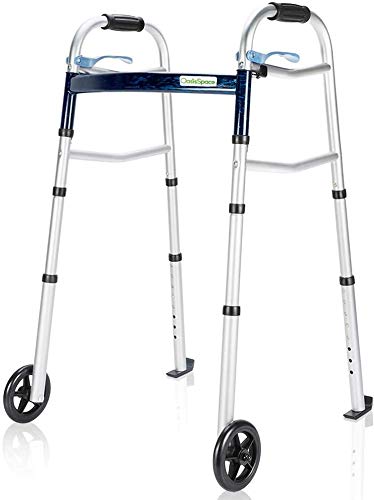 OasisSpace Compact Folding Walker with Trigger Release and 5 Inches Wheels for Seniors Elderly [Accessories Included] Narrow Lightweight Support up to 350 lb(FSA or HSA Eligible)