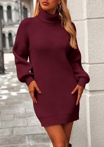 PRETTYGARDEN Sweater Dress for Women Long Puff Sleeve Turtleneck Ribbed Knit Oversized Pullover Winter Short Dress3