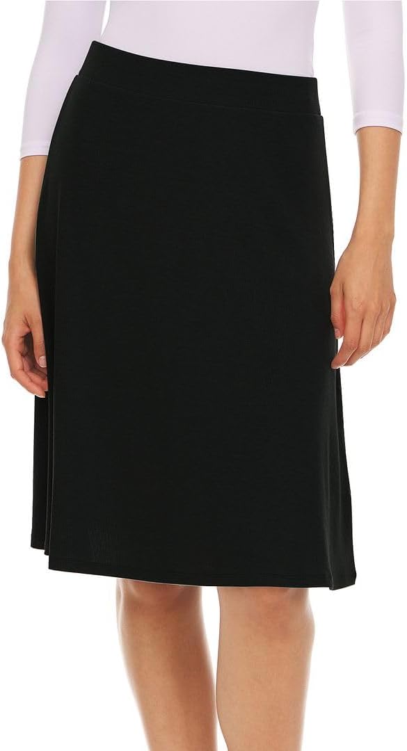 Women's Basic Plain Stretchy Ribbed Knit Knee Length A-Line Skirt