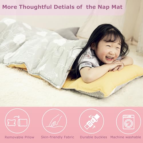 Image of Toddlers Nap Mat with Removable Pillow and Soft Blanket, Lightweight Daycare Preschool Kindergarten Sleeping Bag, Travel Slumber for Kids Girls Boys (Pink Flowers)