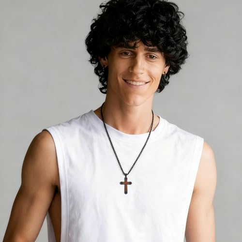 Wooden Cross Necklace 925 Sterling Silver Walnut Black Necklace Religious Jesus Pendant Jewelry for Men - Image 6