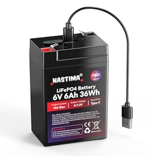 NASTIMA Batteria Ricaricabile 6V 6Ah 36Wh LiFePO4 con Protezione BMS e Ciclo Profondo 2000, Ricarica Type-C, Telecamere di Sorveglianza, Macchinine per Bambini, Barche a Motore, Campeggio