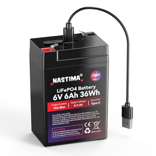 NASTIMA 6V 6Ah 36Wh LiFePO4 Wiederaufladbare Batterie mit BMS-Schutz und 2000 Deep-Cycle Wartungsfrei, Typ-C-Aufladung, Geeignet für Notstrombeleuchtung, Kinderspielzeugautos, Motorboote, Camping
