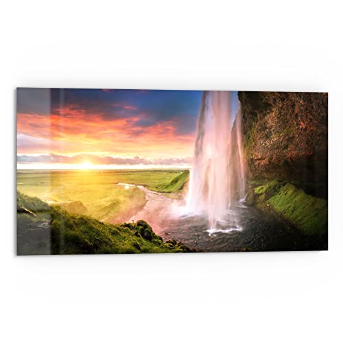 DEQORI Panel posterior de cocina de cristal, diseño 'Seljalandsfoss cascada', 80 x 40 cm, pared trasera para baño o cocina, protección contra salpicaduras para cocina y baño, decoración moderna para