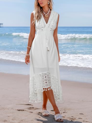 Image of CUPSHE Women's Maxi Dress V Neck Sleeveless Lace Tassel Smocked Waist Cover Up Beach Formal Long Dress