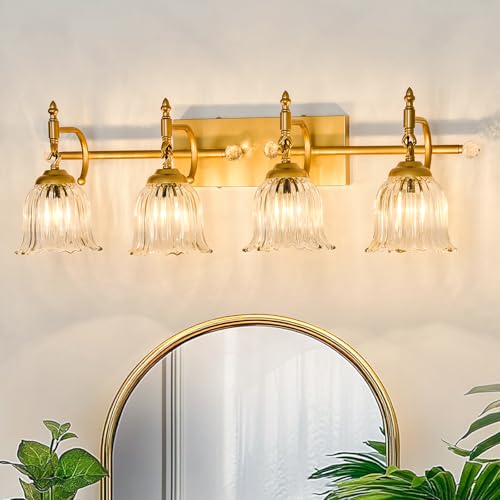 Image of CVKASH 4-Light Bathroom Vanity Light Fixtures Over Mirror,Brushed Gold Modern Vanity Lights with Glass Shade Vintage Wall Sconce for Bedroom Dressing Room Living Room Hallway Cabinet