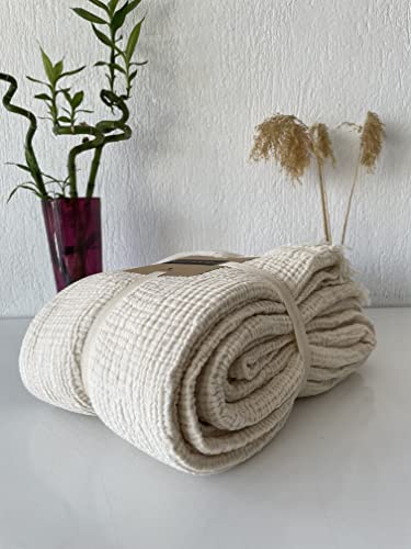 Muslin Blanket 100% Cotton, 4 Layers Bedspread, Soft Turkish Cotton Muslin Bed Cover, Reversible Coverlet, Ivory (King Size 95X102-230X260Cm) #TOP1