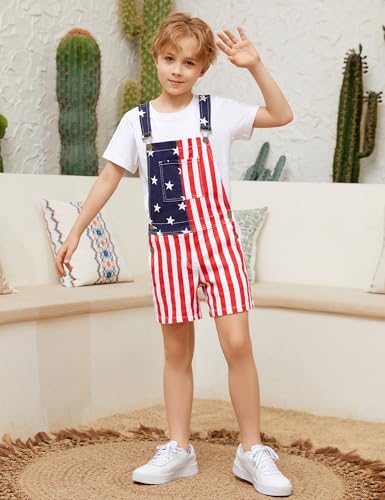 Image of OeyFnbmO Kids 4th of July Outfit Boy American Flag Overall Girl Stretch Denim Jumpsuit USA Shorts with Zipper Fly