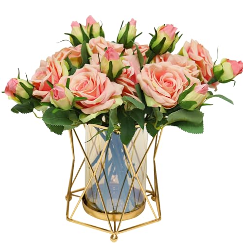 SEPTDECOR Kunstblumen mit Vase, Seidenrosenstrauß Kunstblumen in Vase, Florales Arrangement aus Kunstblumen für Inneneinrichtung, Blumendekoration als Tischmitte für Bauernhausstil (Rosa)