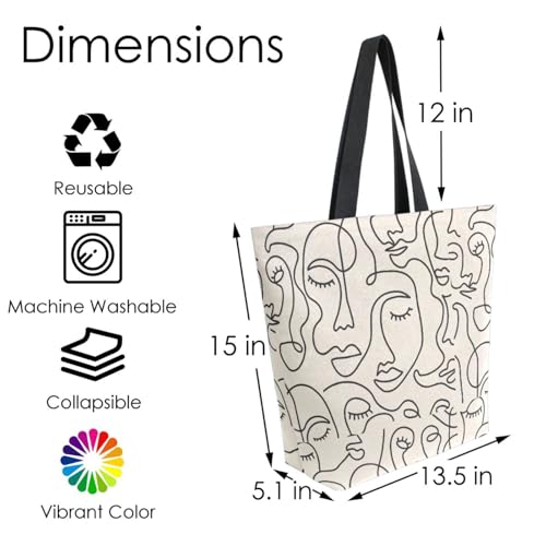 Abstract Faces Minimalist Beige Canvas Tote Bag for Women with Zipper Pocket Reusable Grocery Shopping Bags Large Travel Shoulder Bag Handbag Bags4