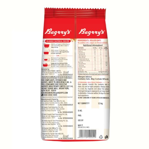 Image of Bagrry's White Oats 1.5kg | Instant Breakfast Cereal | Whole Grain | High Fibre & Protein | Non-GMO & No Added Preservatives | Instant Oats